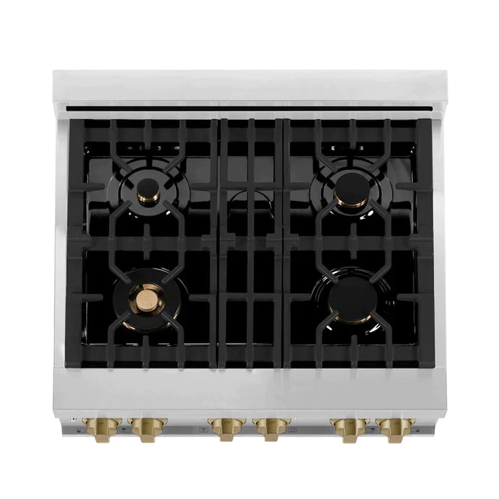 ZLINE Autograph Edition 30 Inch Dual Fuel Range with Gas Stove and Electric Oven in Stainless Steel with White Matte Door, Champagne Bronze Accents