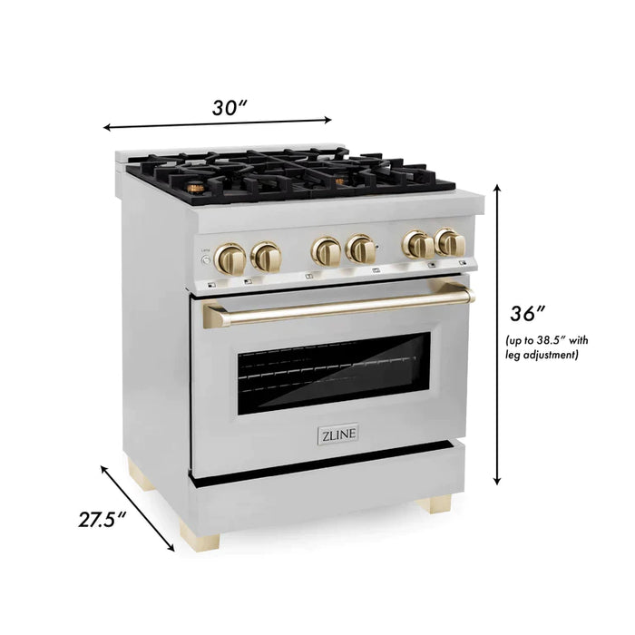 ZLINE Autograph Package - 30 In. Dual Fuel Range, Range Hood in Stainless Steel with Accents