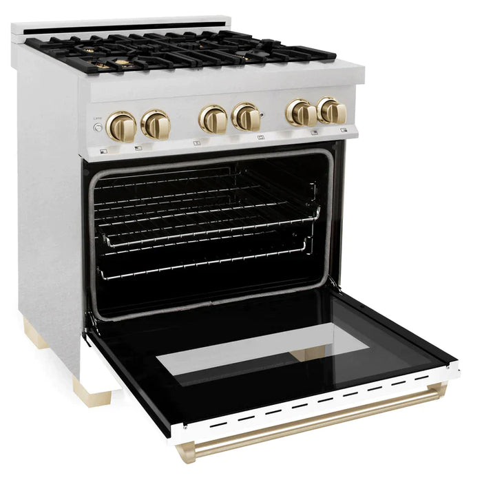 ZLINE Autograph Edition 30 in. Range, Gas Burner/Electric Oven in DuraSnow® Stainless Steel with White Matte Door and Gold Accents