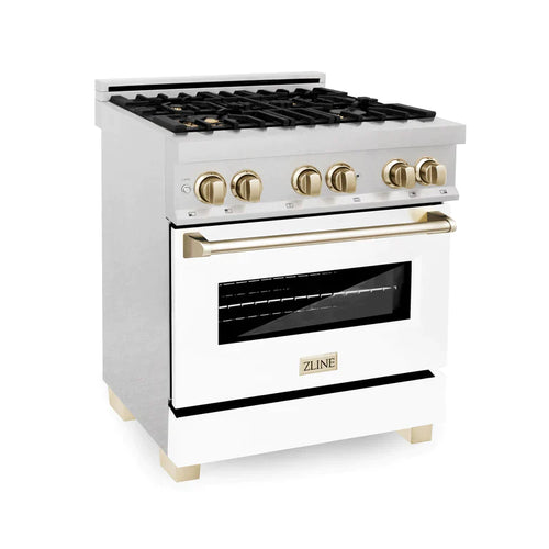 ZLINE Autograph Edition 30 in. Range, Gas Burner/Electric Oven in DuraSnow® Stainless Steel with White Matte Door and Gold Accents 10