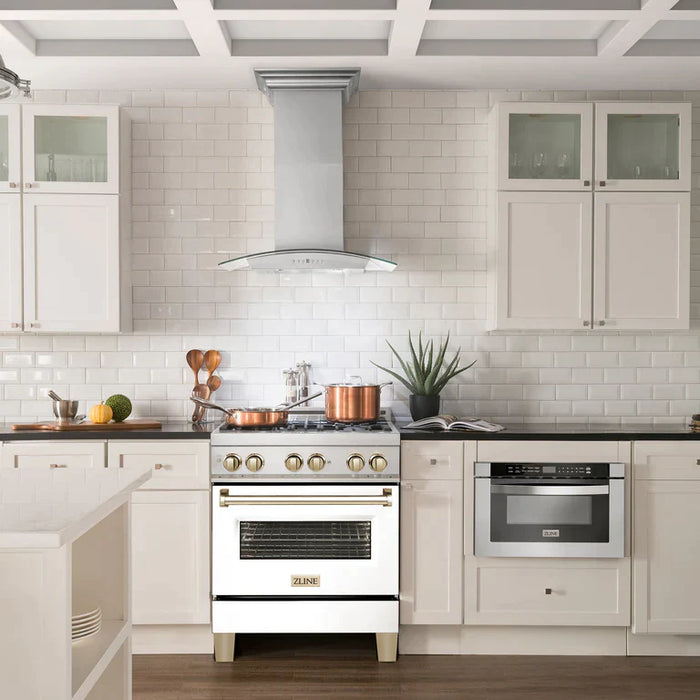 ZLINE Autograph Edition 30 in. Range, Gas Burner/Electric Oven in DuraSnow® Stainless Steel with White Matte Door and Gold Accents