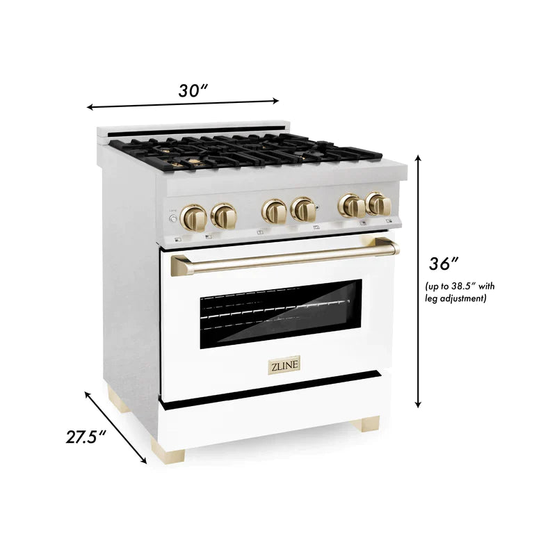 ZLINE Autograph Edition 30 in. Range, Gas Burner/Electric Oven in DuraSnow® Stainless Steel with White Matte Door and Gold Accents