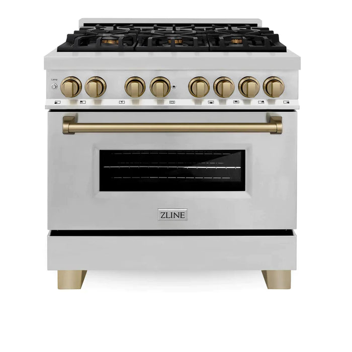ZLINE Autograph Edition 36 In. 4.6 cu. ft. Range with Gas Stove and Electric Oven in Stainless Steel with Champagne Bronze Accent