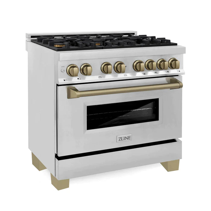 ZLINE 36" Autograph Edition Kitchen Package with Stainless Steel Dual Fuel Range, Range Hood, Dishwasher and Refrigeration with Accents