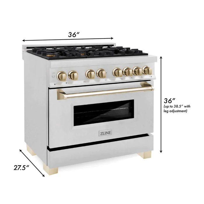 ZLINE Autograph Edition 36 In. Range, Gas Stove and Electric Oven in DuraSnow® Stainless Steel with Gold Accent