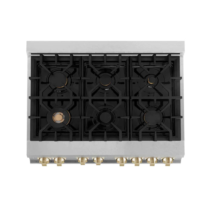 ZLINE Autograph Edition 36 In. Range, Gas Stove and Electric Oven in DuraSnow® Stainless Steel with Gold Accent