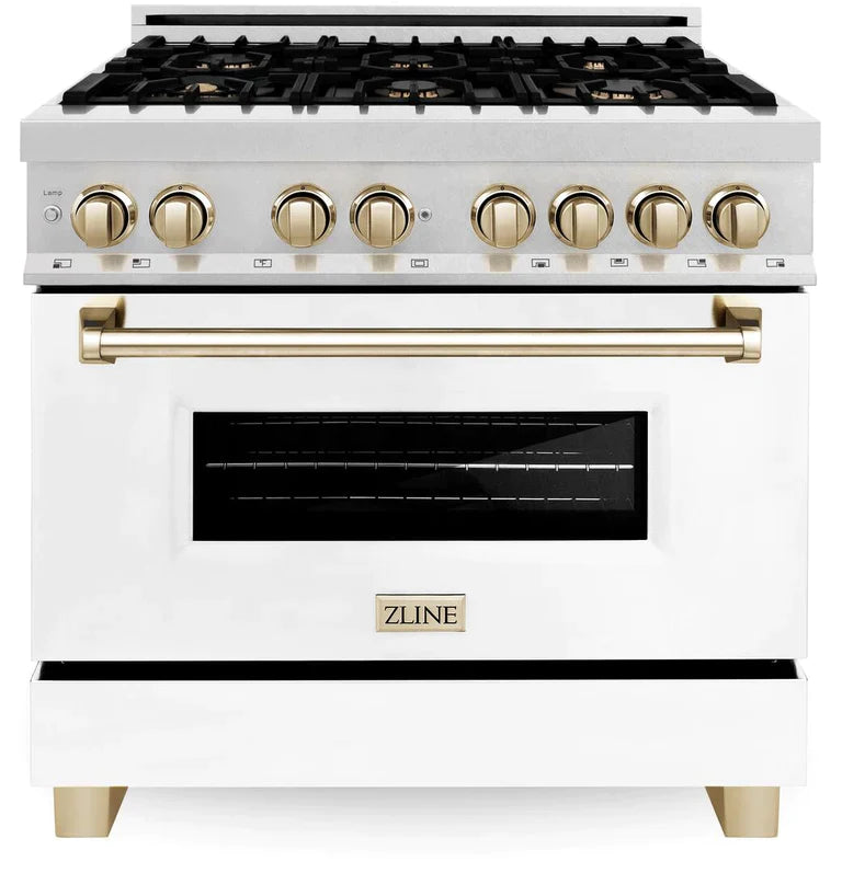 ZLINE Autograph Edition 36 In. Range, Gas Stove and Electric Oven in DuraSnow® Stainless Steel with White Matte Door and Champagne Bronze Accent 7