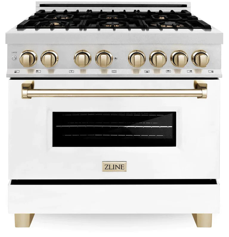 ZLINE Autograph Edition 36 In. Range, Gas Stove and Electric Oven in DuraSnow® Stainless Steel with White Matte Door and Champagne Bronze Accent