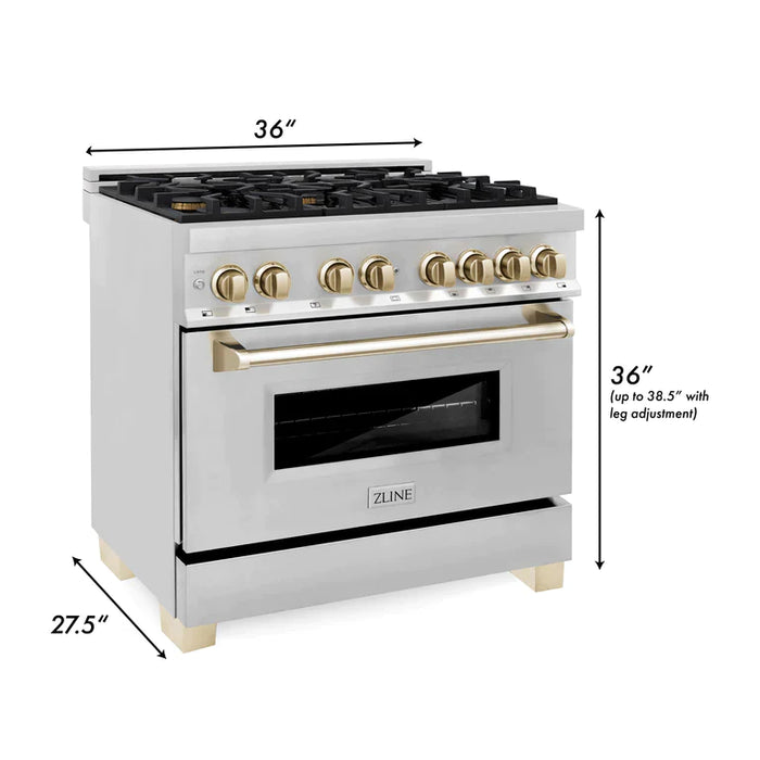 ZLINE Kitchen and Bath Autograph Edition 36 In. Range with Gas Stove and Electric Oven in Stainless Steel with Gold Accent