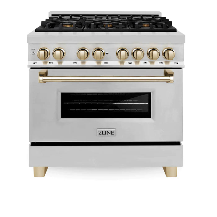 ZLINE Autograph Package - 36 In. Dual Fuel Range, Range Hood in Stainless Steel with Accents