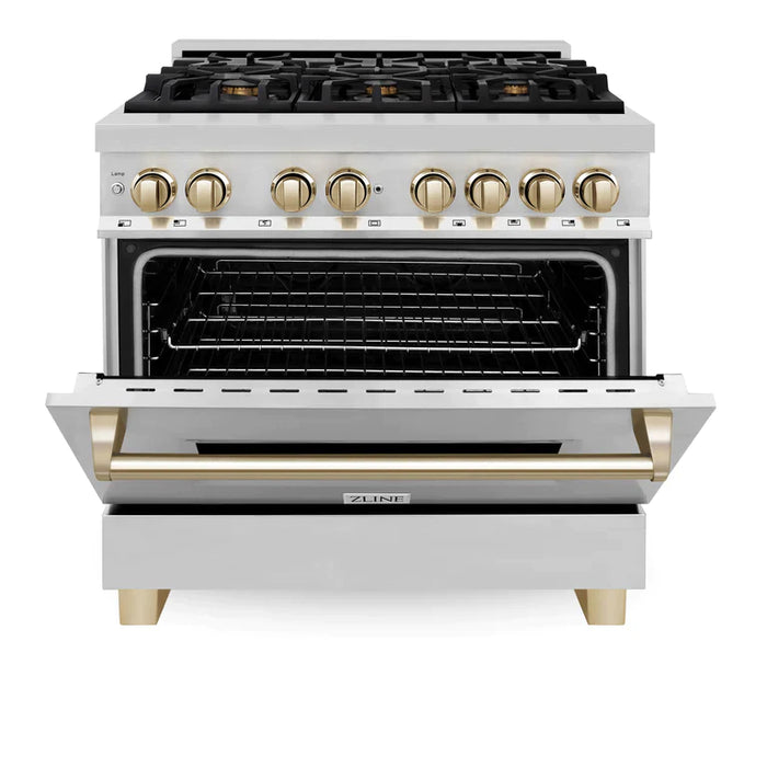 ZLINE Autograph Package - 36 In. Dual Fuel Range, Range Hood in Stainless Steel with Accents
