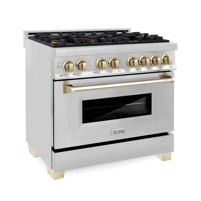 ZLINE Kitchen and Bath Autograph Edition 36 In. Range with Gas Stove and Electric Oven in Stainless Steel with Gold Accent