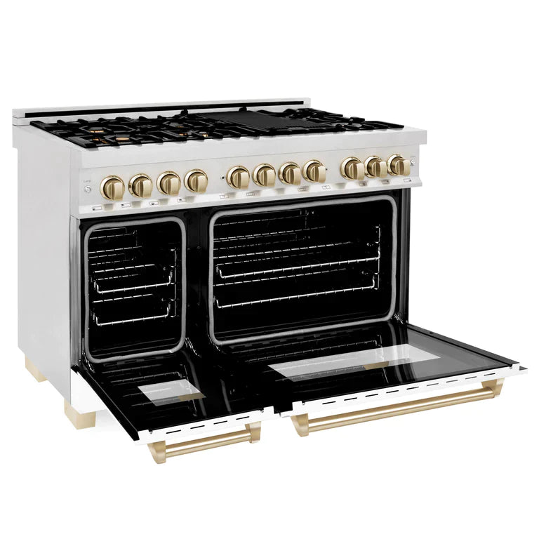 ZLINE Autograph 48 in. 6.0 cu. ft. Range, Gas Stove/Electric Oven in DuraSnow® with White Matte Door, Gold Accents 3