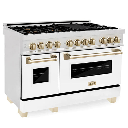 ZLINE Autograph 48 in. 6.0 cu. ft. Range, Gas Stove/Electric Oven in DuraSnow® with White Matte Door, Gold Accents 2