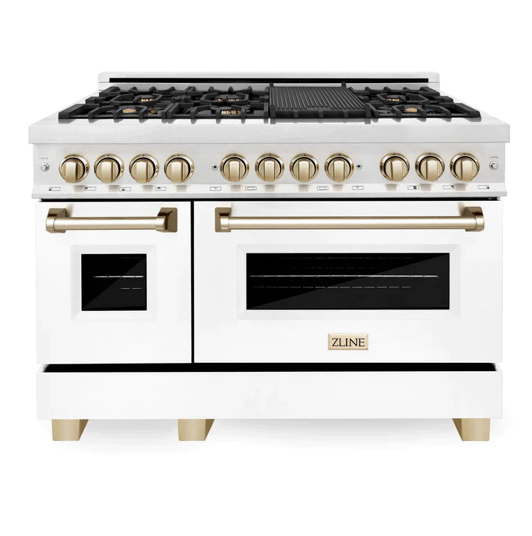 ZLINE Autograph 48 in. 6.0 cu. ft. Range, Gas Stove/Electric Oven in DuraSnow® with White Matte Door, Gold Accents