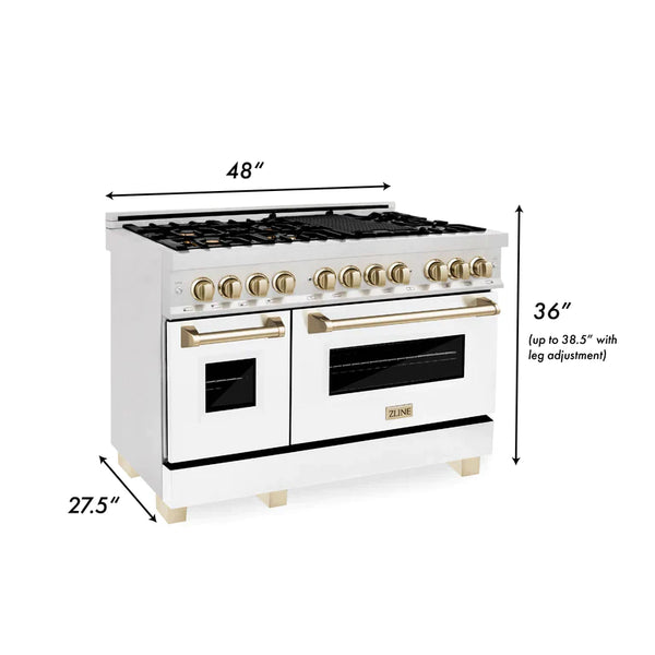 ZLINE Autograph 48 in. 6.0 cu. ft. Range, Gas Stove/Electric Oven in DuraSnow® with White Matte Door, Gold Accents 8