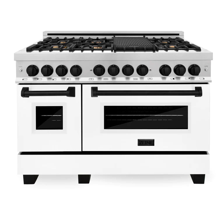 ZLINE Autograph Package - 48 In. Dual Fuel Range and Range Hood with White Matte Door and Accents