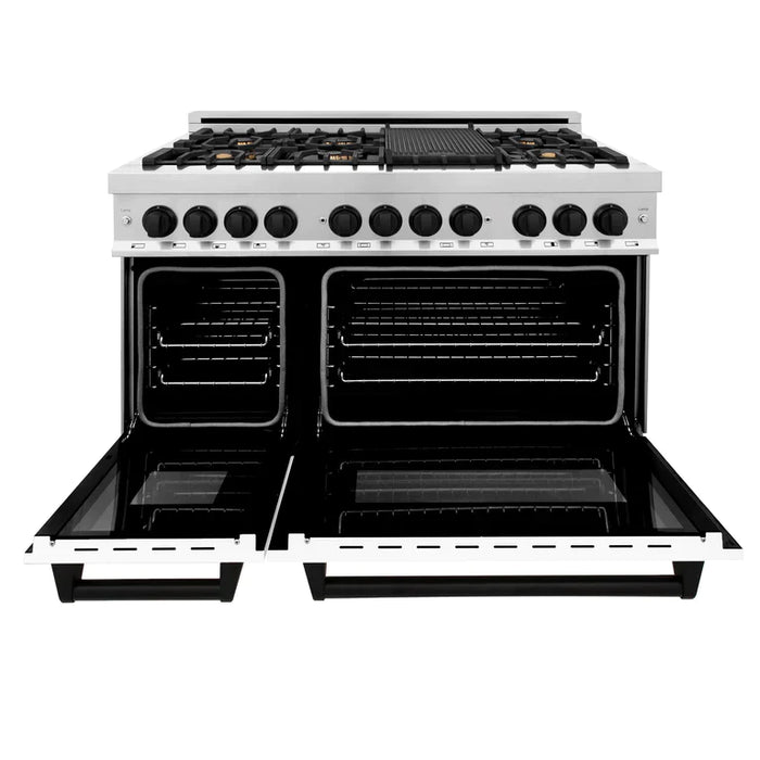 ZLINE Autograph Package - 48 In. Dual Fuel Range and Range Hood with White Matte Door and Accents