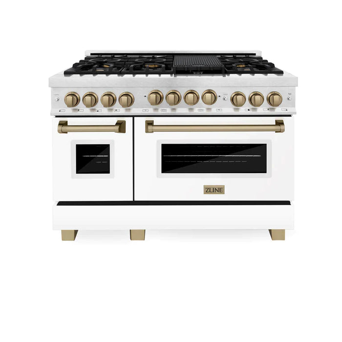 ZLINE Autograph Package - 48 In. Gas Range and Range Hood in DuraSnow® Stainless Steel with White Matte Door and Accents