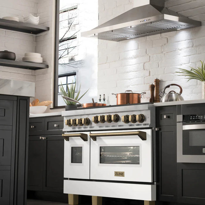 ZLINE Autograph Package - 48 In. Gas Range and Range Hood in DuraSnow® Stainless Steel with White Matte Door and Accents