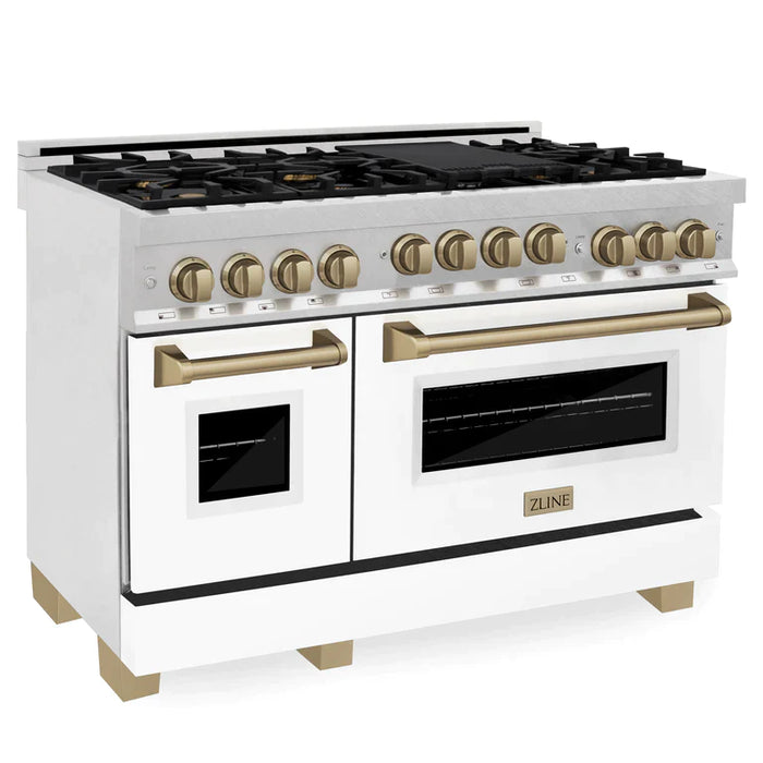 ZLINE Autograph Package - 48 In. Gas Range and Range Hood in DuraSnow® Stainless Steel with White Matte Door and Accents