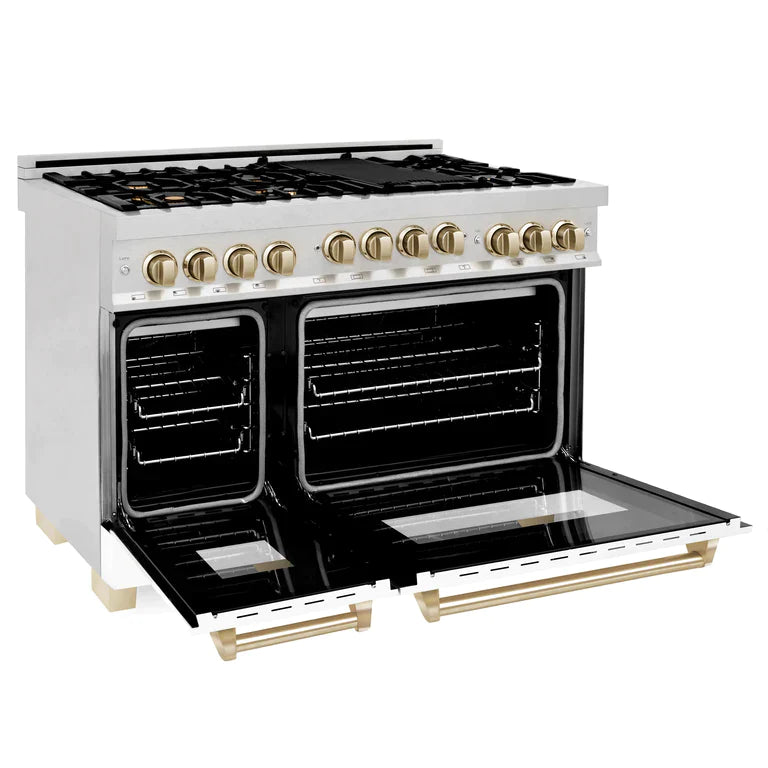 ZLINE Autograph Edition 48 in. Gas Range in DuraSnow® with White Matte Door and Gold Accents