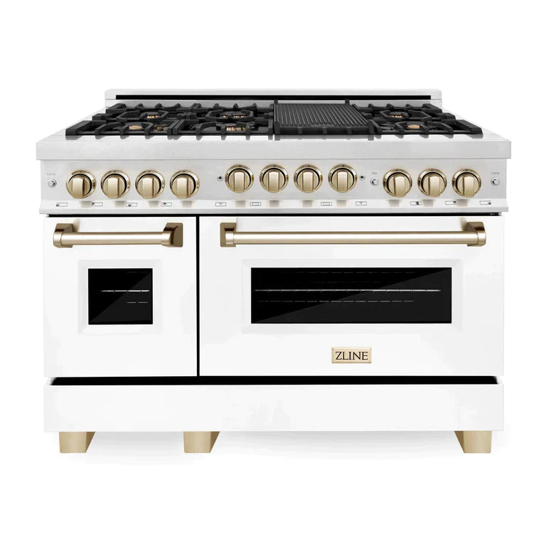 ZLINE Autograph Edition 48 in. Gas Range in DuraSnow® with White Matte Door and Gold Accents