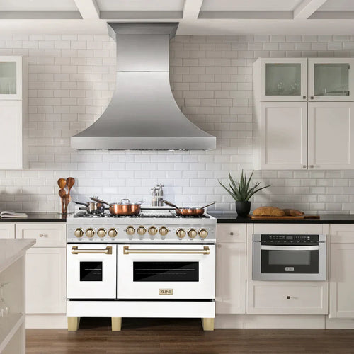 ZLINE Autograph Edition 48 in. Gas Range in DuraSnow® with White Matte Door and Gold Accents 1