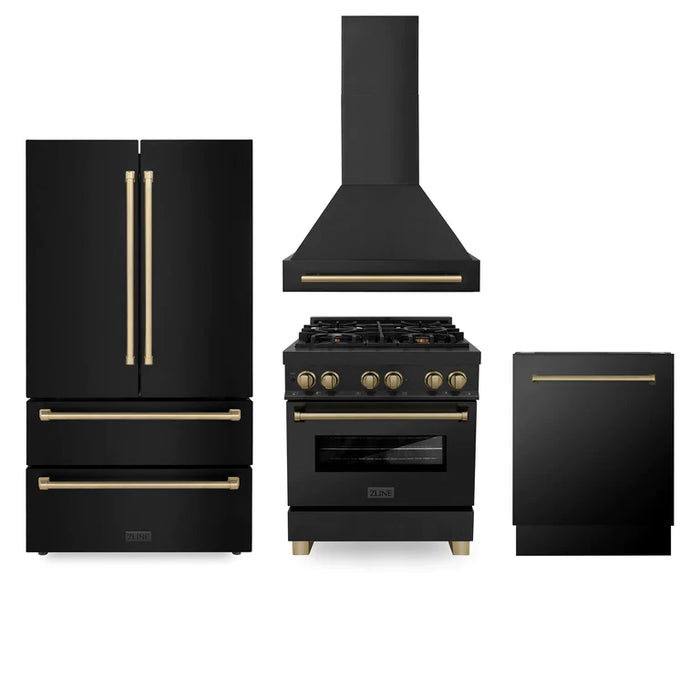 ZLINE 30" Autograph Edition Kitchen Package with Black Stainless Steel Dual Fuel Range, Range Hood, Dishwasher and Refrigeration with Accents