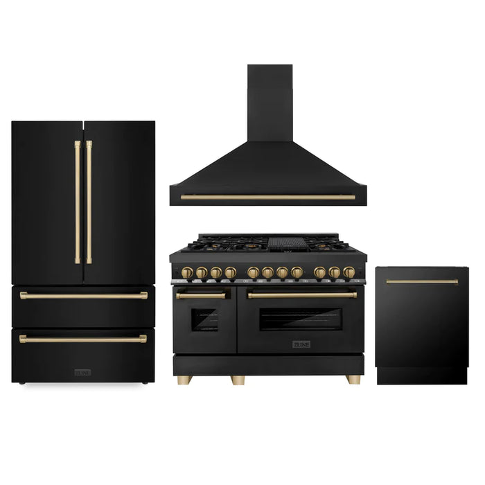 ZLINE 48" Autograph Edition Kitchen Package with Black Stainless Steel Dual Fuel Range, Range Hood, Dishwasher and Refrigeration with Accents