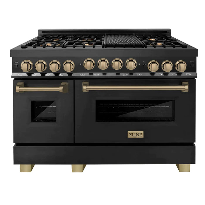 ZLINE 48" Autograph Edition Kitchen Package with Black Stainless Steel Gas Range, Range Hood and Dishwasher with Accents