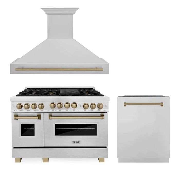 ZLINE 48" Autograph Edition Kitchen Package with DuraSnow® Stainless Steel Gas Range, Range Hood and Dishwasher with Champagne Bronze Accents