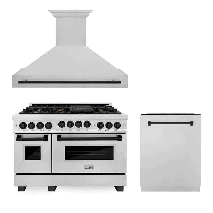 ZLINE 48" Autograph Edition Kitchen Package with DuraSnow® Stainless Steel Gas Range, Range Hood and Dishwasher with Champagne Bronze Accents