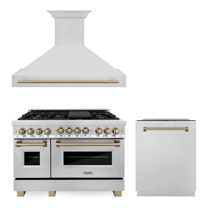 ZLINE 48" Autograph Edition Kitchen Package with Stainless Steel Gas Range, Range Hood and Dishwasher with Accents