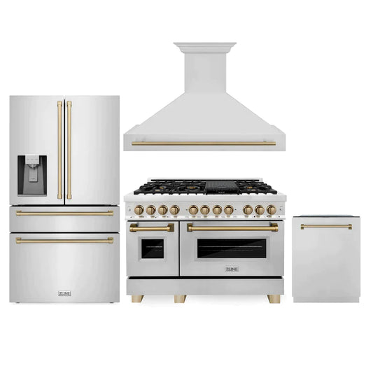 ZLINE 48" Autograph Edition Kitchen Package with Stainless Steel Dual Fuel Range, Range Hood, Dishwasher and Refrigeration with Accents