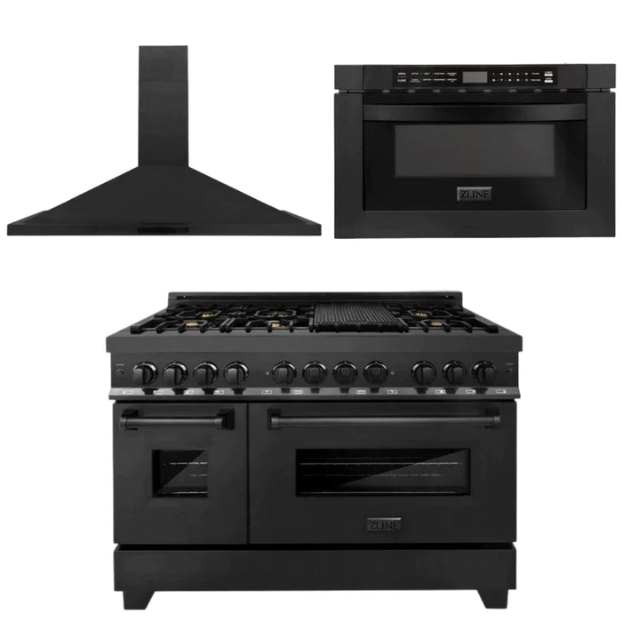 ZLINE Kitchen Package with Black Stainless Steel Dual Fuel Range, Convertible Vent Range Hood and Microwave Drawer