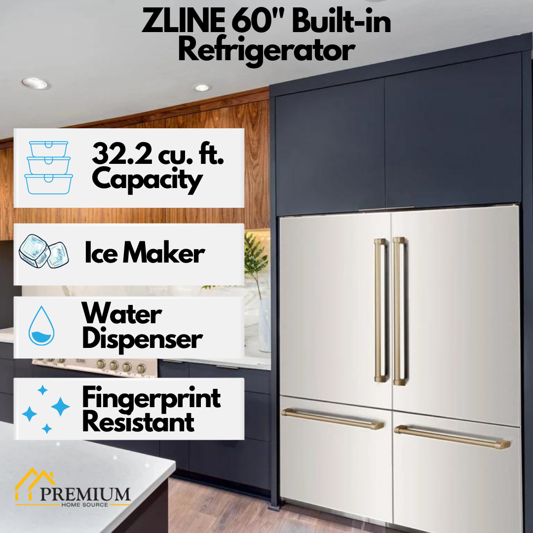 ZLINE Autograph 60 In. 32.2 cu. ft. Built-In 4-Door Refrigerator with Internal Water and Ice Dispenser in Stainless Steel and Bronze Accents 4