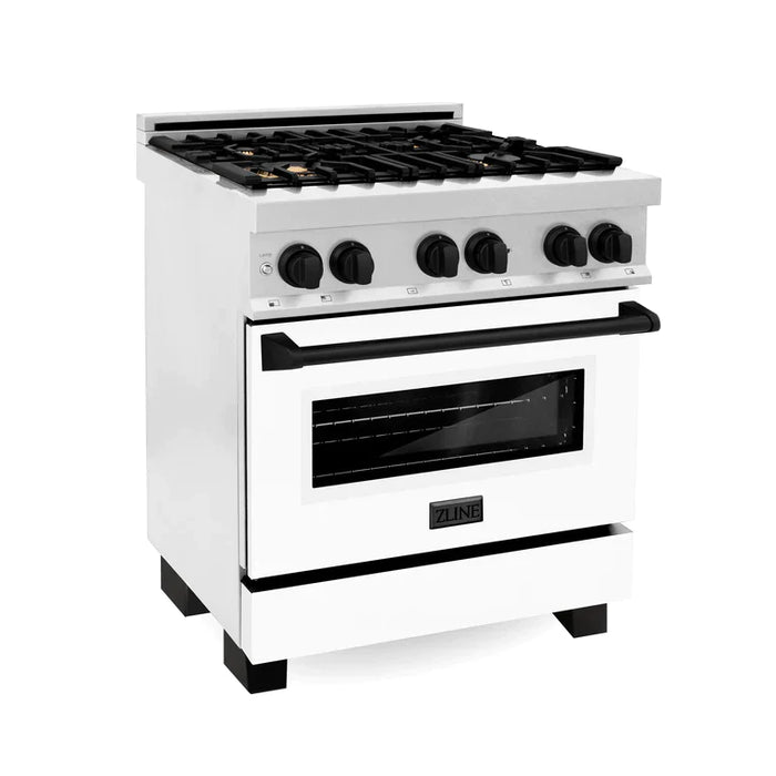ZLINE Autograph Edition 30 in. 4.0 cu. ft. Range, Gas Stove/Electric Oven in DuraSnow® with White Matte Door, Matte Black Accents