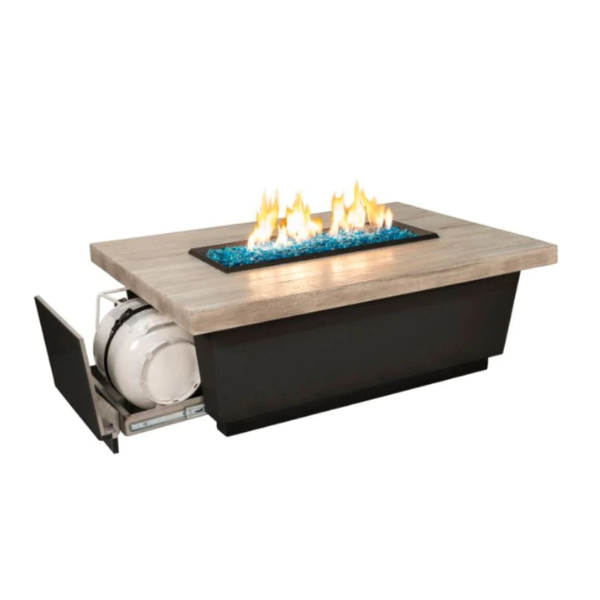 American Fyre Designs Reclaimed Wood Contempo Rectangle Fire Table with Propane Tank Drawer