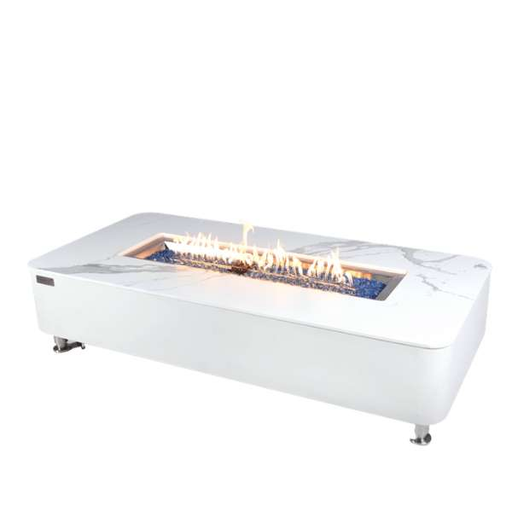 Elementi Plus Athens Porcelain Top Fire Table OFP102BW White Background with Flame