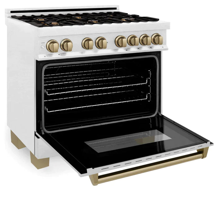 ZLINE Autograph Edition 36 in. 4.6 cu. ft. Range with Gas Stove and Electric Oven in DuraSnow® with Champagne Bronze Accents