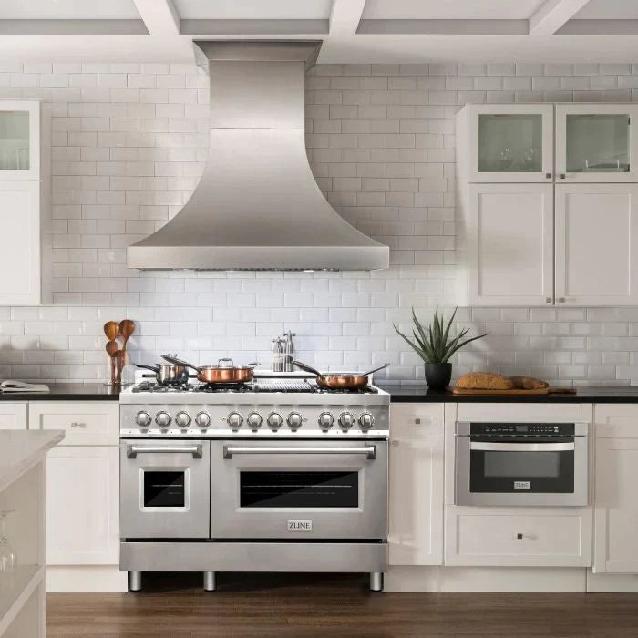 ZLINE Kitchen Package with Refrigeration, 48" Stainless Steel Gas Range, 48" Range Hood, Microwave Drawer, and 24" Tall Tub Dishwasher