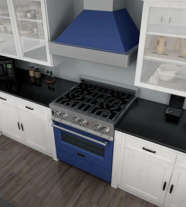 ZLINE 30 in. Professional Gas Burner/Electric Oven DuraSnow® Stainless Steel Range with Blue Gloss Door