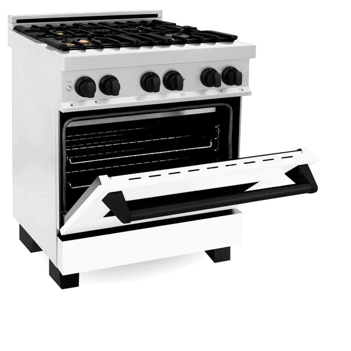 ZLINE Autograph Edition 30 in. 4.0 cu. ft. Range, Gas Stove/Electric Oven in DuraSnow® with White Matte Door, Matte Black Accents