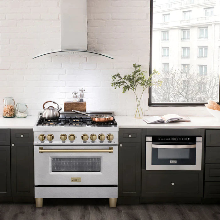 ZLINE Autograph Edition 36 in. 4.6 cu. ft. Range with Gas Stove and Electric Oven in DuraSnow® with Champagne Bronze Accents