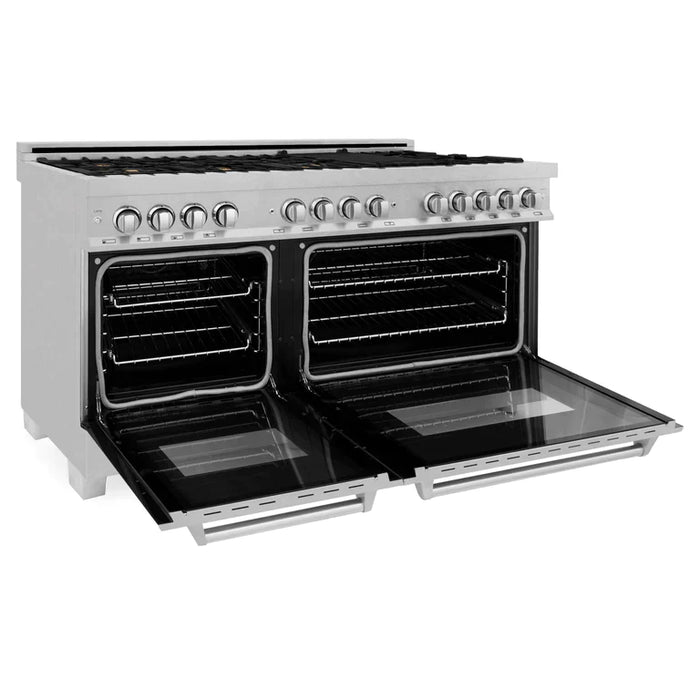 ZLINE 60 in. Professional Gas Burner, 7.6 cu. ft. Electric Oven in DuraSnow® Stainless and Brass Burner Set