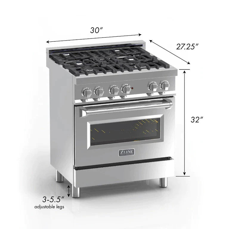 ZLINE 30 in. Professional Gas Burner/Electric Oven in DuraSnow® Stainless with Black Matte Door,