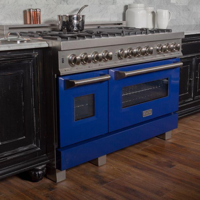 ZLINE 48 in. Professional Gas Burner/Electric Oven DuraSnow® Stainless 6.0 cu.ft. 7 Range with Blue Gloss Door