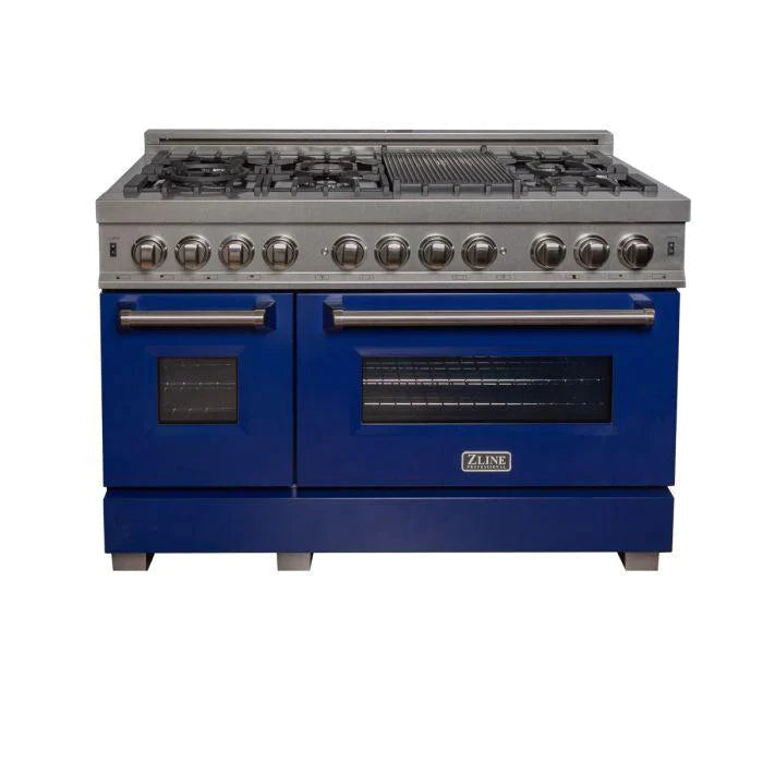 ZLINE 48 in. Professional Gas Burner/Electric Oven DuraSnow® Stainless 6.0 cu.ft. 7 Range with Blue Gloss Door 2