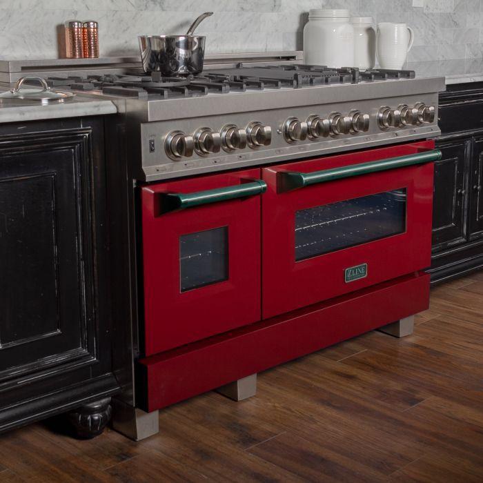 ZLINE 48 in. Professional Gas Burner/Electric Oven DuraSnow® Stainless 6.0 cu.ft. 7 Range with Red Gloss Door